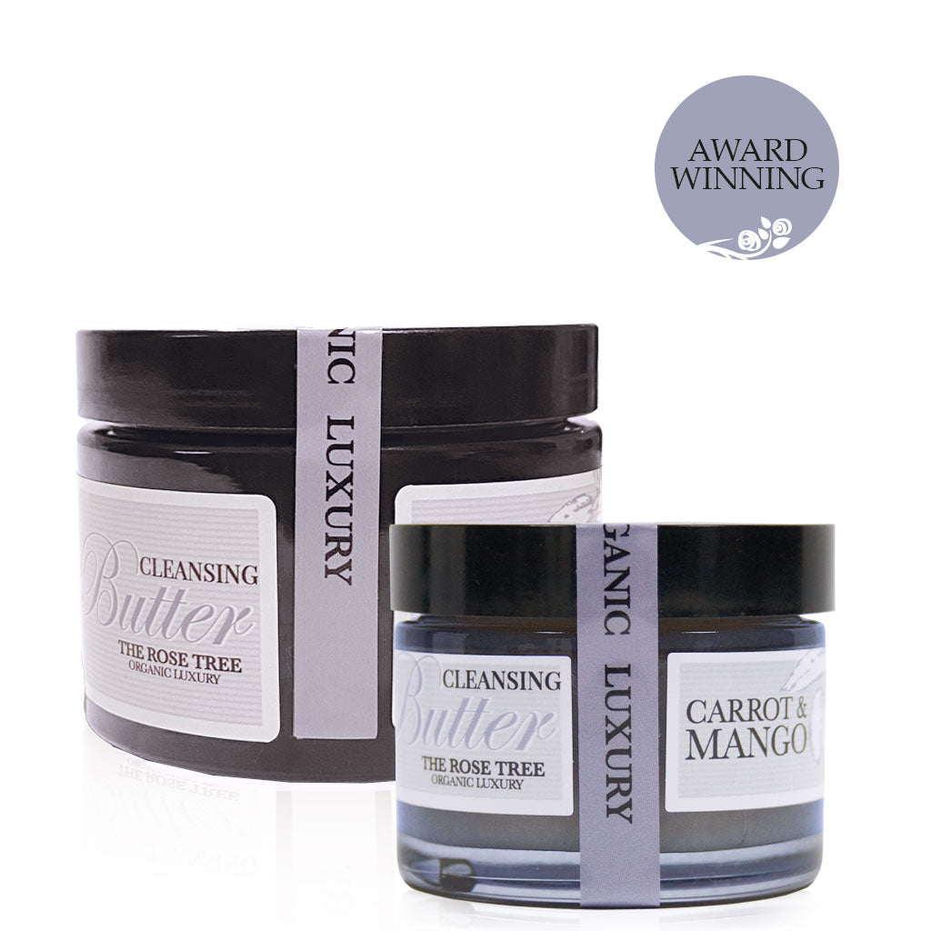 Carrot & Mango Cleansing Butter in two jar sizes, with an award-winning badge